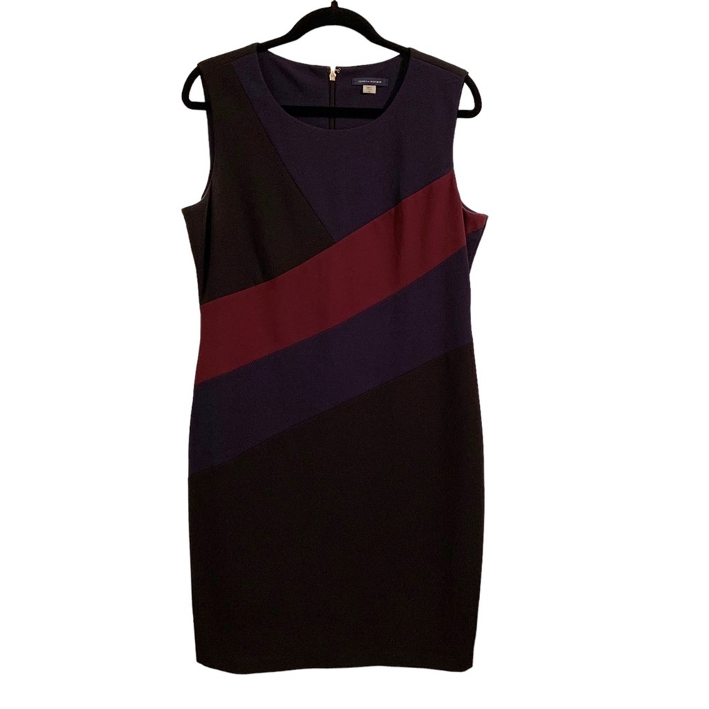 Tommy Hilfiger Colorblock Scuba Crepe Sheath Dress (14, Black/Navy/Maroon)